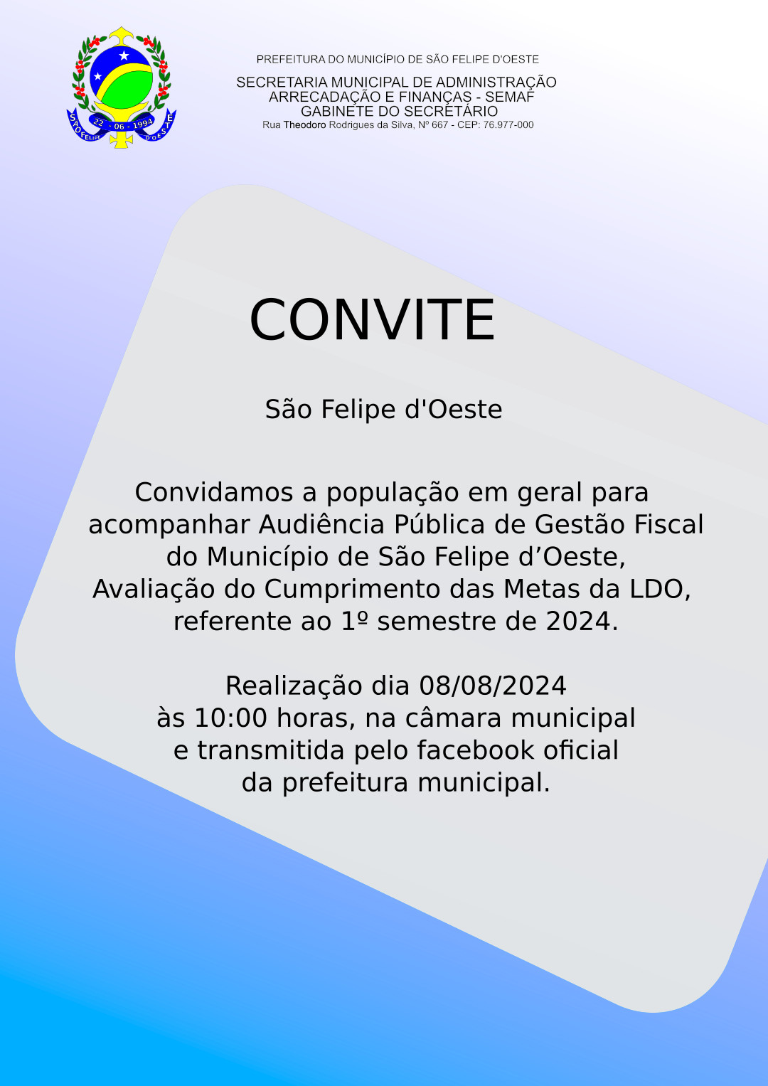 Convite Audi Ncia Publica De Avalia O De Metas Da Ldo Prefeitura